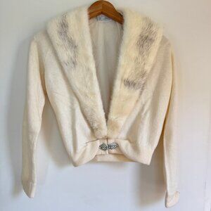 Vintage Fur-Collar 1950s Cashmere Sweater with Jeweled Clasp